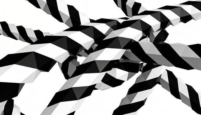 Twisting low-poly monochrome ribbons forming knotted geometric pattern with diagonal stripes