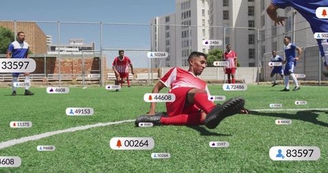 Sliding soccer player challenging defenders on urban turf with ar engagement badges