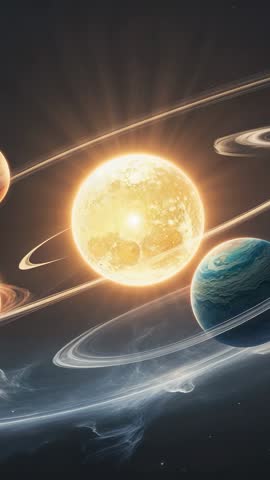Vertical cinematic space video showing glowing star with rings and orbiting planets
