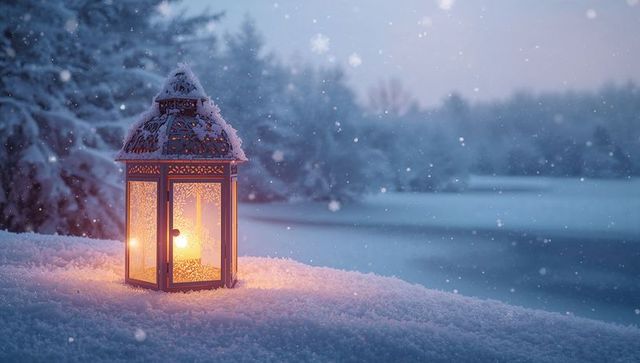 Ornate lantern glowing on snowbank beside frozen lake at winter twilight