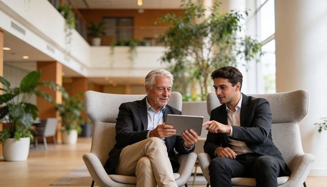 Senior executive mentoring younger colleague reviewing tablet in modern corporate atrium