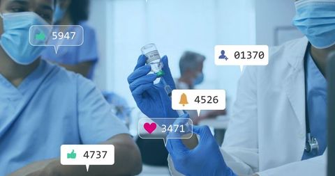 Preparing covid-19 vaccine in clinic with masked medical team and social media engagement
