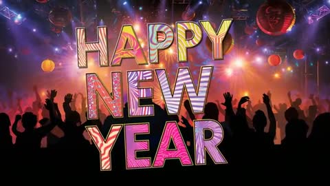 Animated Happy New Year Stage Celebration with Pulsing Lights and Cheering Crowd