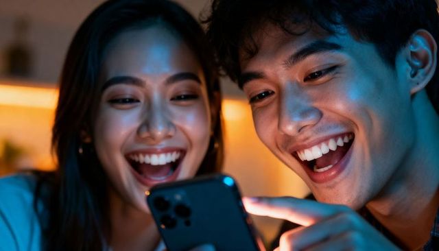 Asian couple laughing and reacting to smartphone content in warm cozy home lighting