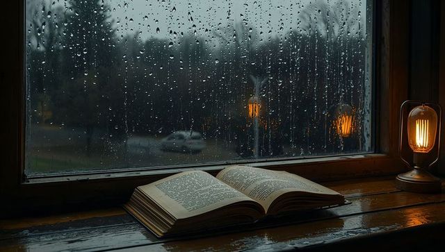 Rain-Soaked Window Reading Scene with Open Vintage Book and Warm Lamp Glow