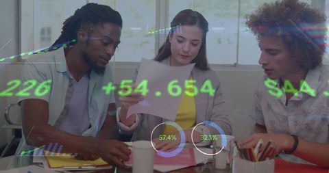 Diverse Students Analyzing Data with Digital Interface Overlay