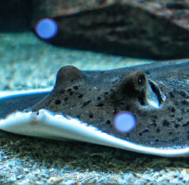 Close-up of a spotted stingray resting on the ocean floor with a blurry aqua-blue background. Ideal for use in marine biology studies, educational materials, and nature documentaries.