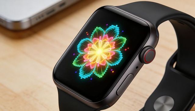 Graphite smartwatch displaying kaleidoscopic pixel flower animation on oled face