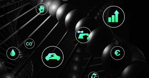 Futuristic neon newton's cradle with green energy, finance and sustainability icons