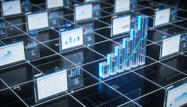 Holographic 3d bar chart cluster rising on glossy grid floor with teal trend line