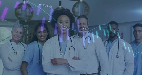 Diverse Medical Team with Data Overlay in Hospital Setting