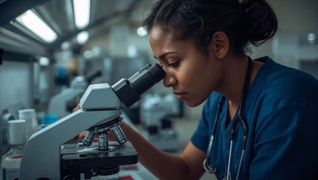 Female medical researcher examining slide under microscope in clinical laboratory