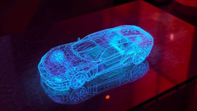 Glowing cyan wireframe sports car hologram reflecting on glossy table with red neon light