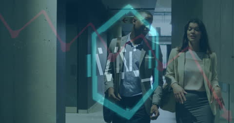 Business Professionals Walking with Financial Data Projection