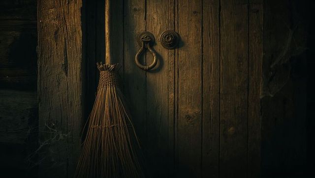 Rustic broom against worn wooden cellar planks