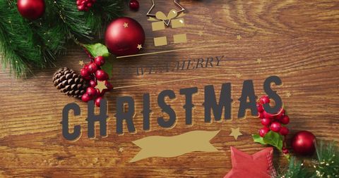 Merry Christmas Greetings with Festive Decorations on Wooden Background - Download Free Stock Images Pikwizard.com