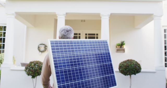 Man carrying solar panel towards house entrance, promoting renewable energy and sustainability. Suitable for concepts of eco-friendly living, green technology, home energy solutions, and modern power installation.