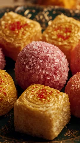 Vertical food video panning across luxury confections pink coated truffle and golden squares