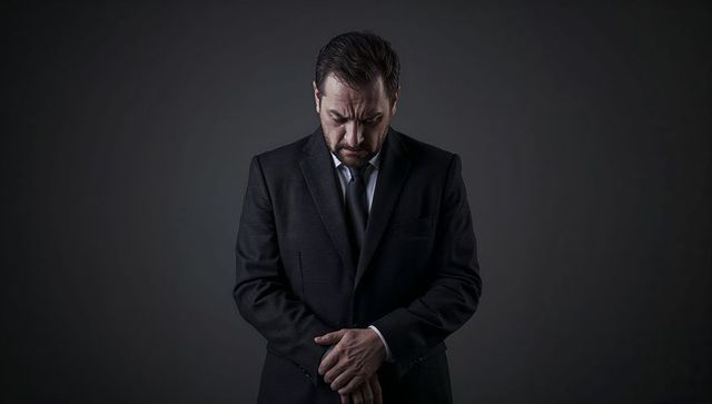 Pensive businessman standing in dark suit looking down low-key moody corporate portrait