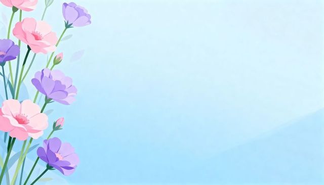 Pastel floral border with pink and lavender blooms on soft blue gradient background