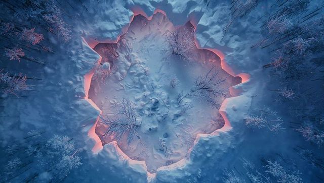 Star-shaped crater with pink glow under snowy twilight