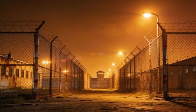 Abandoned prison perimeter corridor leading toward illuminated guard tower at night