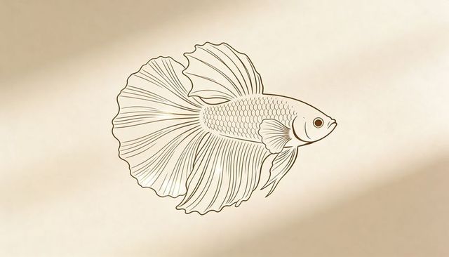 Elegant betta fish lineart gliding on warm beige minimalist background with flowing fins