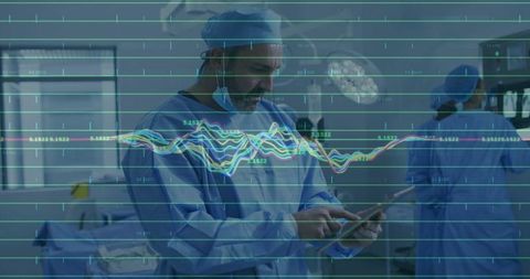 Lead Surgeon Analyzing Patient Data on Tablet in Operating Room