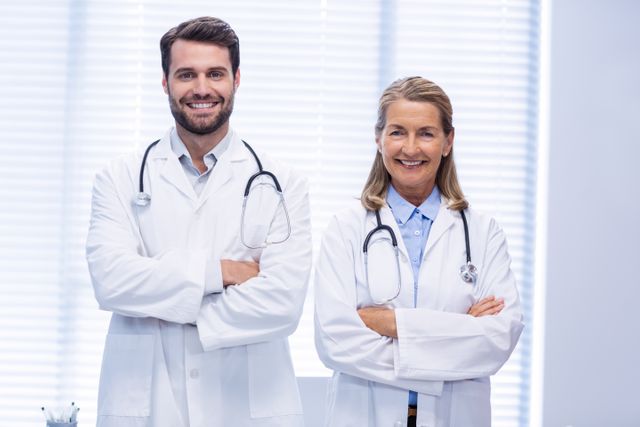 Two doctors standing with arms crossed, smiling confidently in a clinic. Both are wearing white lab coats and stethoscopes, indicating their medical profession. This image can be used for healthcare advertisements, medical websites, hospital brochures, and articles related to medical services and healthcare professionals.