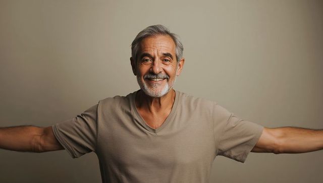 Senior man embracing positivity with outstretched arms
