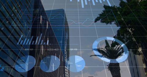 Futuristic urban data overlay showing glass skyscrapers with translucent HUD charts and palm trees
