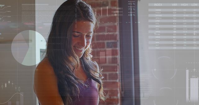 Smiling Woman Analyzing Data with Advanced Technology Interface - Download Free Stock Images Pikwizard.com