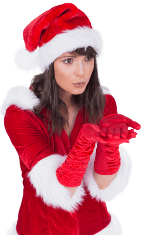 Woman in santa outfit holding out hands transparent background