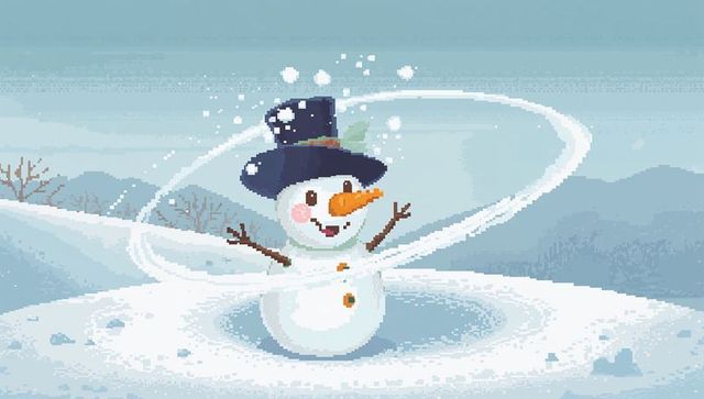Smiling pixel snowman spinning snow spiral wearing navy top hat and carrot nose