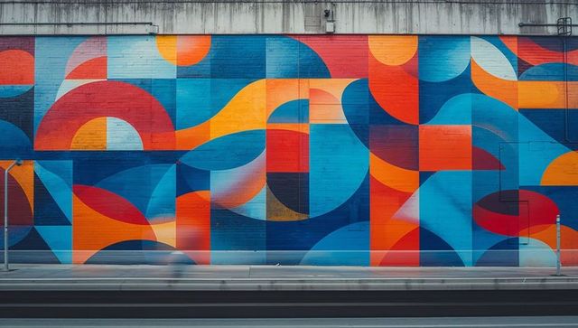 Vibrant geometric mural on urban street with motion blur effect