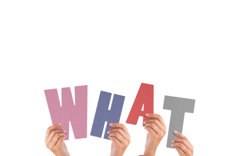 Digital hands holding 'what' text on transparent background