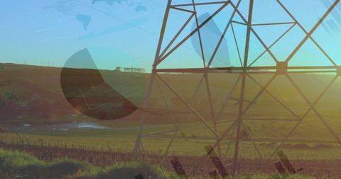 Electricity pylon with digital data overlay at sunset
