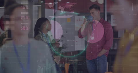 Diverse Professionals Discussing with Financial Data Overlay