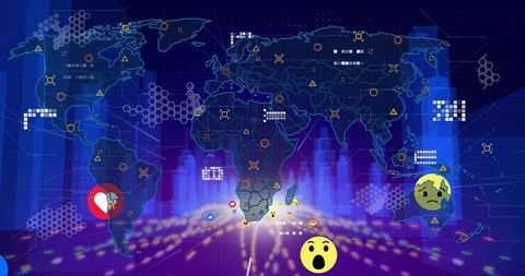 Global data network dashboard showing neon world map with analytics, hex clusters, emoji alerts