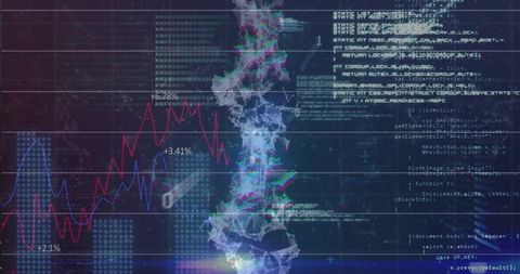 Glowing DNA Helix Merging with Financial Charts, Code and Network Data Visualization