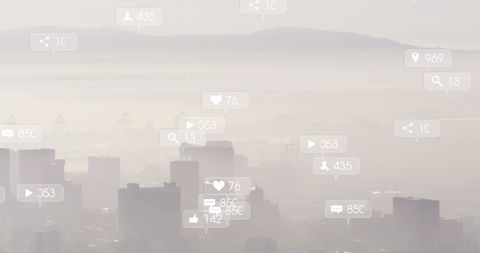 Overlay of social media icons on cityscape signifying digital connectivity
