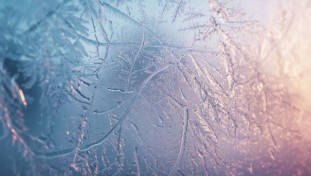 Delicate frost patterns on winter window at dawn