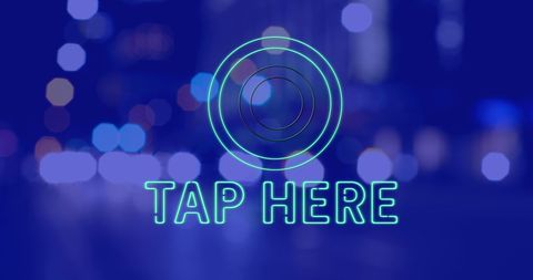 Glowing 'Tap Here' Icon Over Blurred Night City Scene