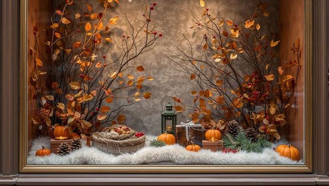 Autumn window display featuring mini pumpkins, lantern, woven basket and rustic fall foliage decor