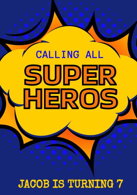 Ideal for children's superhero-themed birthday parties. Use it to invite friends for a fun and colorful celebration. Features bright comic burst design and bold text to attract attention.