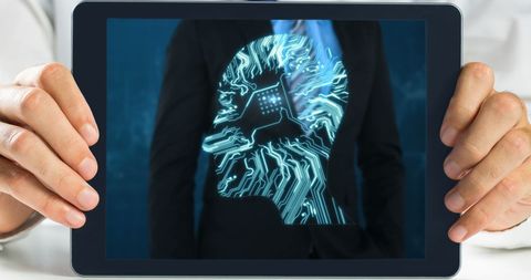 Businessman Presenting Digital AI Brain Projection on Tablet Screen - Download Free Stock Images Pikwizard.com