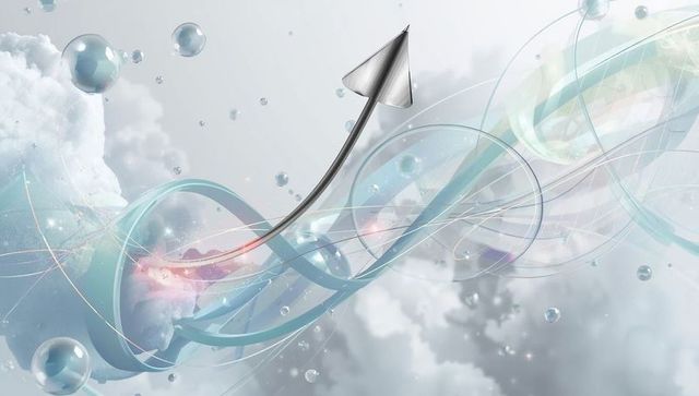 Futuristic Metallic Arrow Among Cloudy Vortex Ribbons