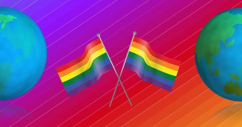 Digital pride celebration with globes and rainbow flags