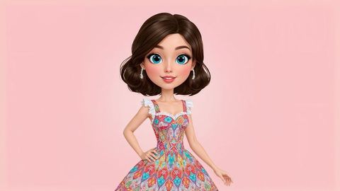 Stylish animated beautiful lady in colorful patterned dress on pink background