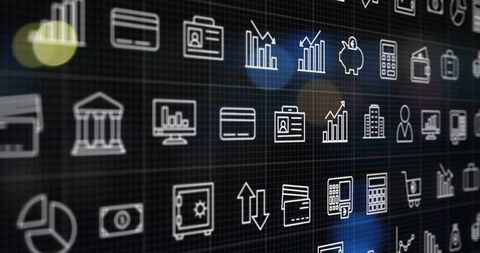 Grid of abstract financial technology icons on virtual dashboard